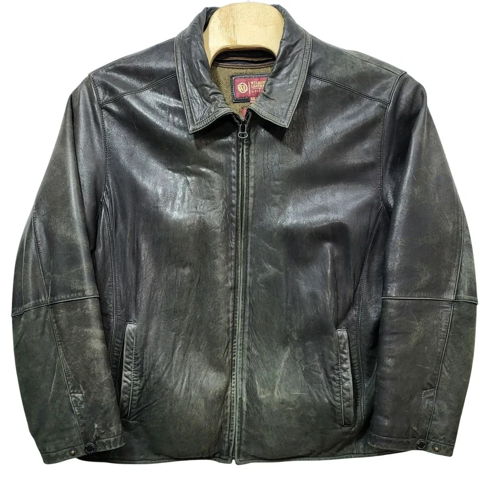 Wilsons Leather Mens XXL Thinsulate Insulated Distressed Black Leather Jacket*
